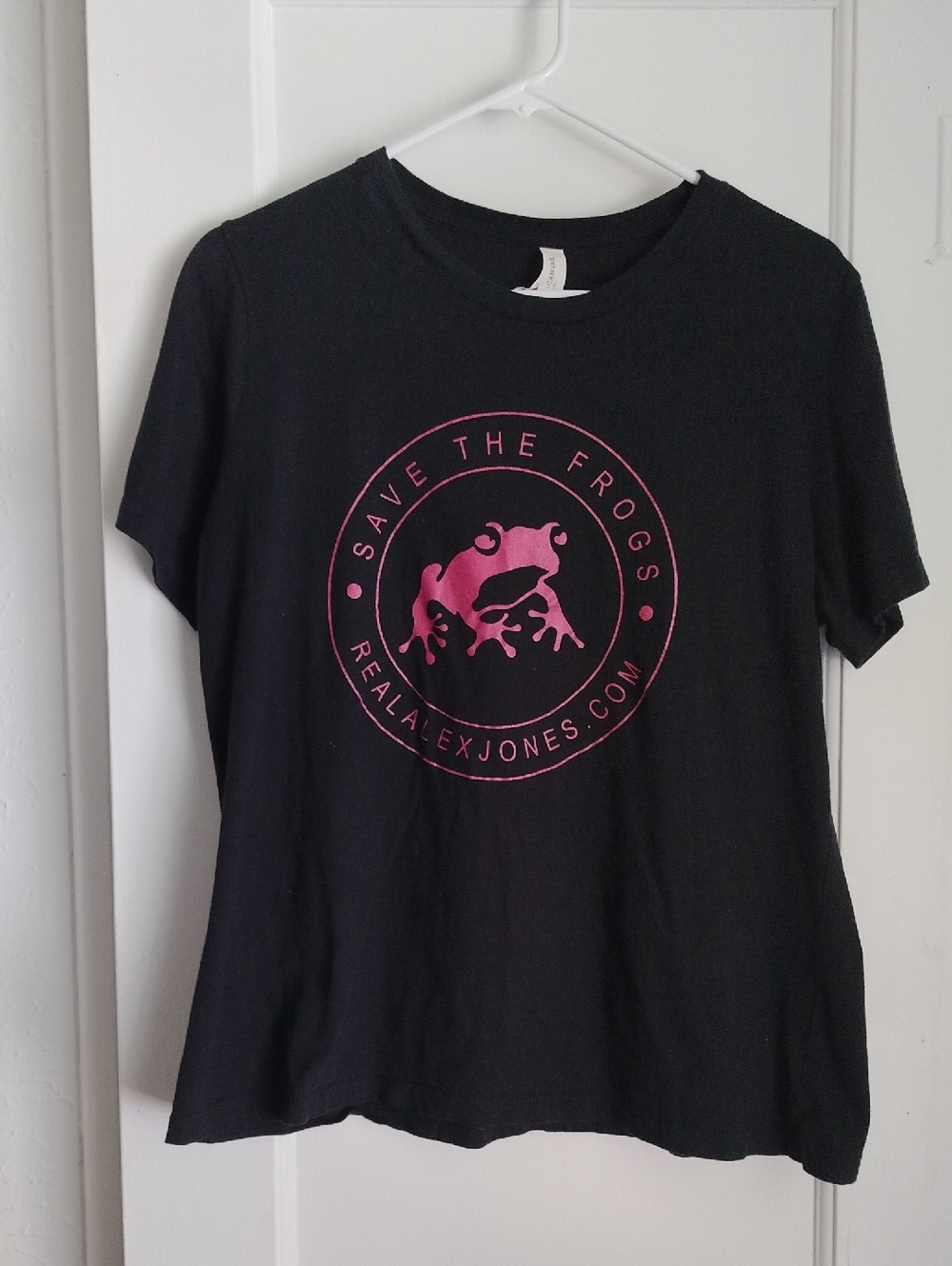 Save The Frogs Black Women's Tee with Pink Logo